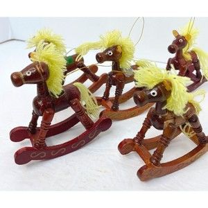 🐎 Set Of 5-Vintage Wooden Toy ORNAMENTS Rocking Horses Yarn Mane & Tail